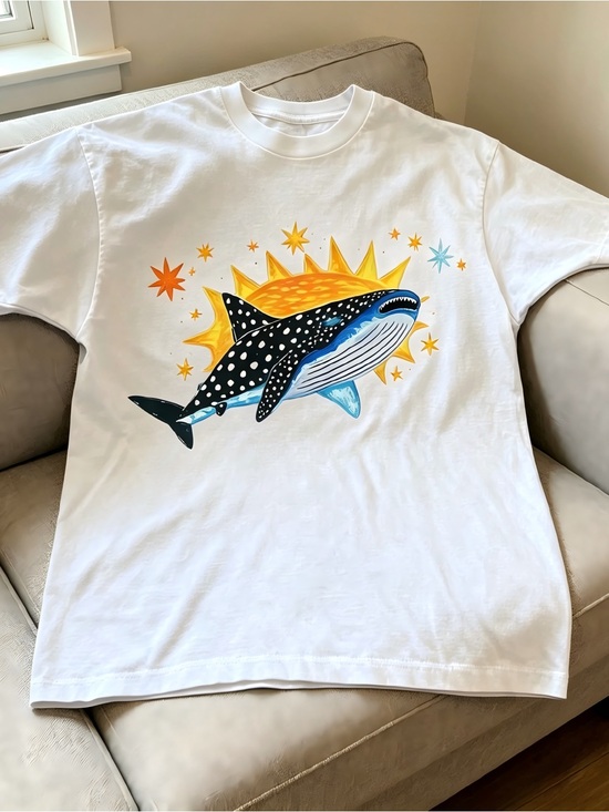 Carmen D Tops - White Women Men T-shirt unisex  with a giant whale shark sun and star pattern.